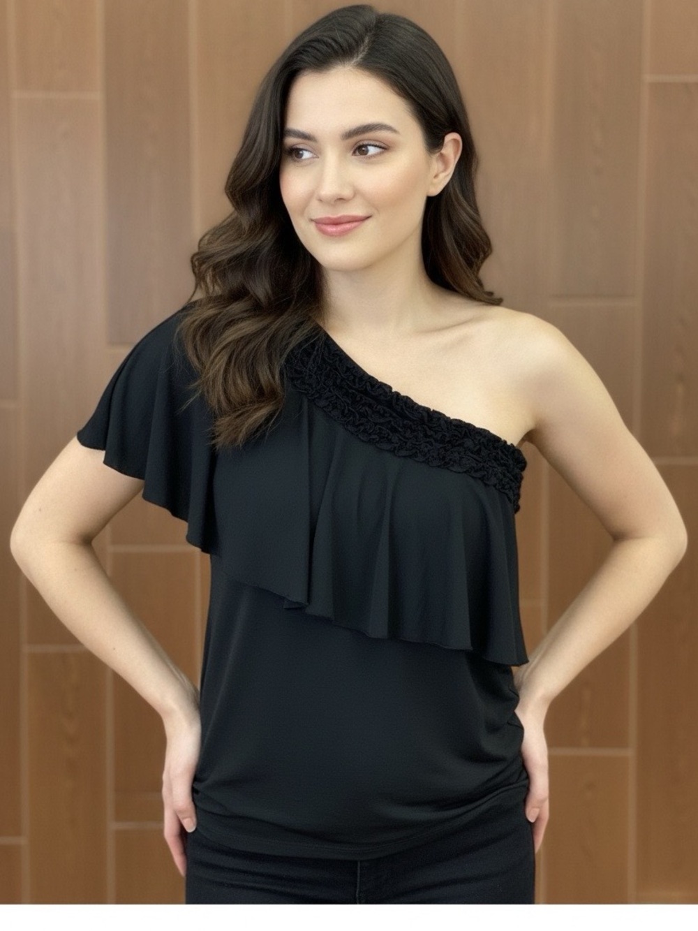HeartSoul one shoulder black ruffle sleeve top spandex has stretch size Large